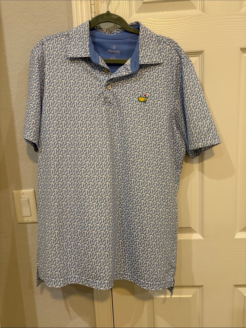 Masters Light Blue Micro-Leaf Pattern Polo with Yellow Green Logo